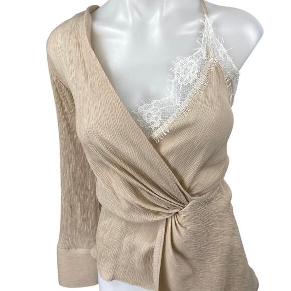 NEW Zara Beige Tan Asymmetrical Cami V Neck Lace One Shoulder Blouse Top Size S - Picture 4 of 7